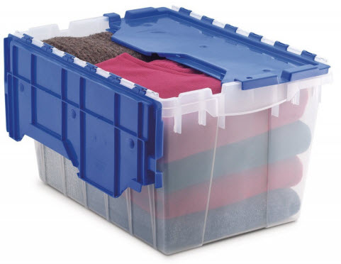 Half open clear bin with towels and blankets