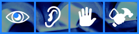 Look, Listen, Feel, Test Icons on blue background
