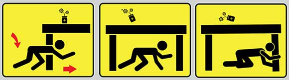 Safety icon showing person taking shelter under a table during an earthquake
