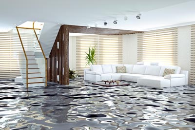 A living room flooded with water