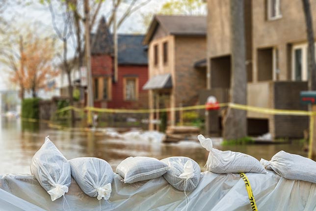 A wall of sandbags in front of flooded neighborhood