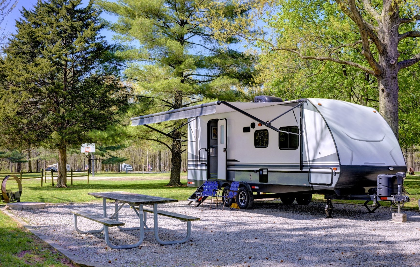 Travel trailer with awning out set up at campsite